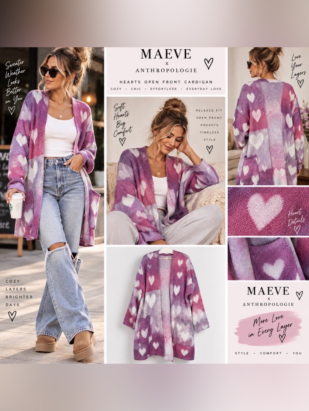 Maeve X Anthropologie Hearts Open Front Cardigan Sweater Women M/L NEW Oversize